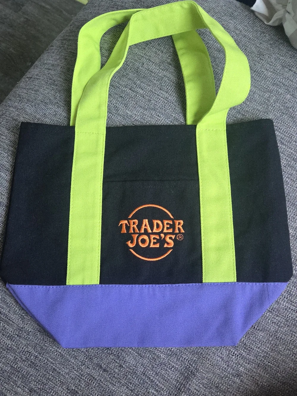 Trader Joe's Black Tote with Lime Green Straps and Purple Base